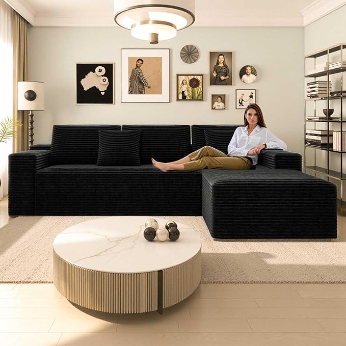 104'' Corduroy Boneless Couch for Living Room Modular Cloud Sectional Couches with Deep Seat Comfy Fluffy Sofas with L-Shaped ChaiseNo Assembly Required2PC Free Combination (Black)