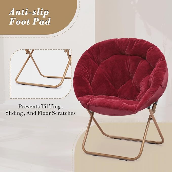 Athena Collection Round Saucer Chair with Ottoman Set of 2 for Adults Oversize Comfy Cozy Faux Fur Folding Reading Chair with Metal Leg Lazy Relaxing for Living Room Bedroom Dorm Apartment Red