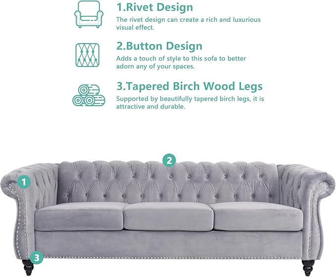 Chesterfield 3 Seater Sofa Sofa Couch with Rolled Arms Tufting Nailhead Trim Large Couch for Living RoomBedroom Office Apartment (Velvet Grey)
