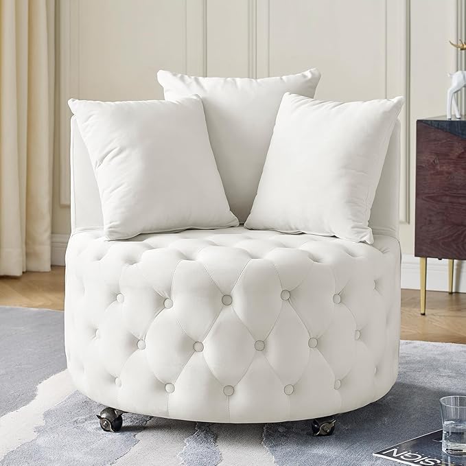360° Swivel Accent Barrel Chair Velvet Comfy Round Chair with Button Tufted Design &amp 4 Moveable Wheels Upholstered Modern Lounge Reading Chairs for Living Room Bedroom Apartment Clubs(Beige)