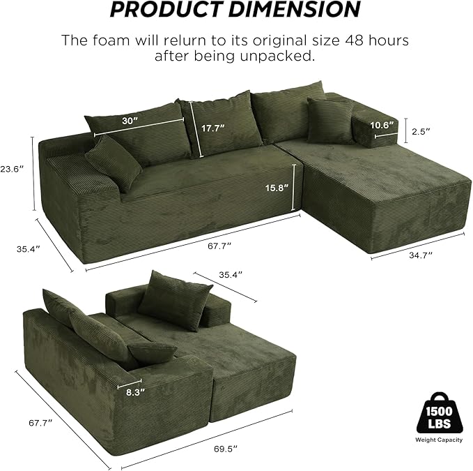 Green 103” Cloud Couch Sectional Sofa in Box with L-Shape ChaiseModern Modular Couches Upholstered with Deep Seat for Living RoomNo Assembly Required