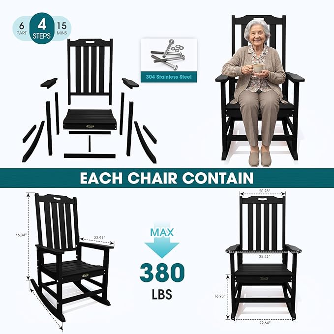Oversized Rocking Chair Set of 8 Outdoor Rocking Chair for Adults All Weather Resistant Porch Rocker for Lawn Garden Black