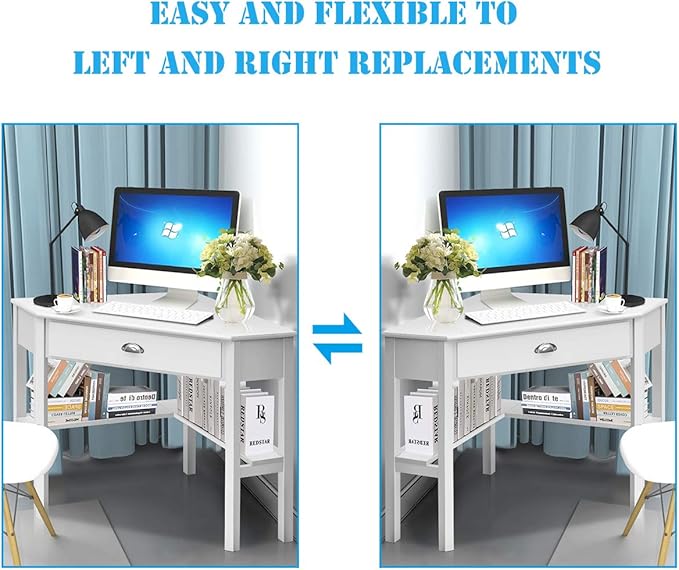 Tangkula White Corner Desk with Drawer Storage Shelves for Computer Makeup Vanity Desk for Small Space 90 Degrees Triangle Desk