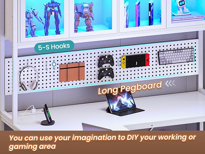 SEDETA L Shaped Gaming Desk with Drawers L Shaped Computer Desk with Hutch and Storage Shelves Gaming Desk with Pegboard Led Lights and Power Outlet Home Office Desk Corner Desk White