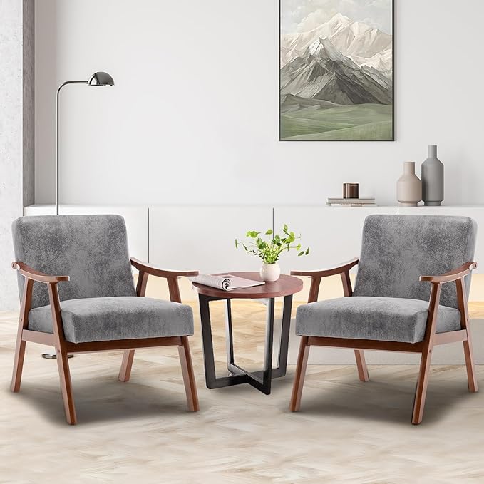 Mid Century Modern Accent Chair with Microfiber Upholstery and Solid Wood Frame Ideal for Living Room Bedroom Office Coffee Shops and Hotel Grey