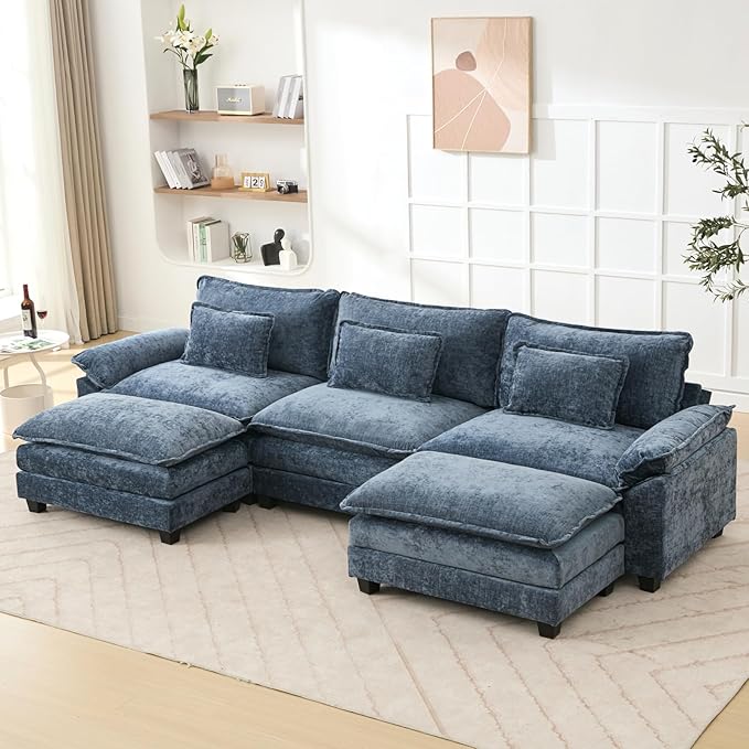 120 U Shaped Couch Modular Sectional Sofa Cloud Couch with Movable Ottoman Modern Chenille Deep Seat Sleeper Sofa with Throw Pillows for Living Room and Apartment (Blue 5-Seat)