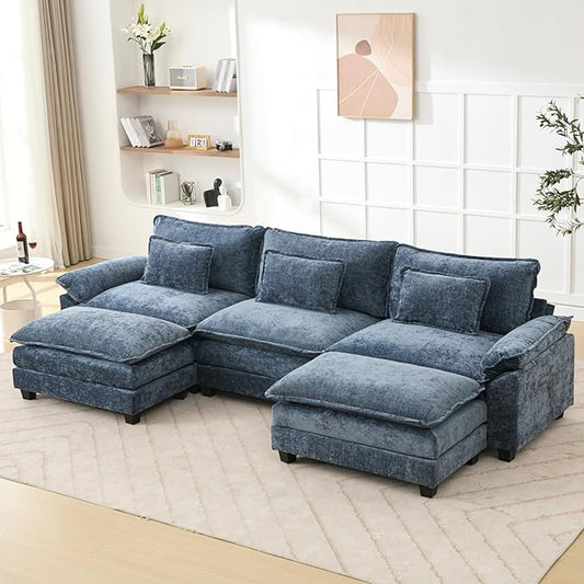 120 U Shaped Couch Modular Sectional Sofa Cloud Couch with Movable Ottoman Modern Chenille Deep Seat Sleeper Sofa with Throw Pillows for Living Room and Apartment (Blue 5-Seat)