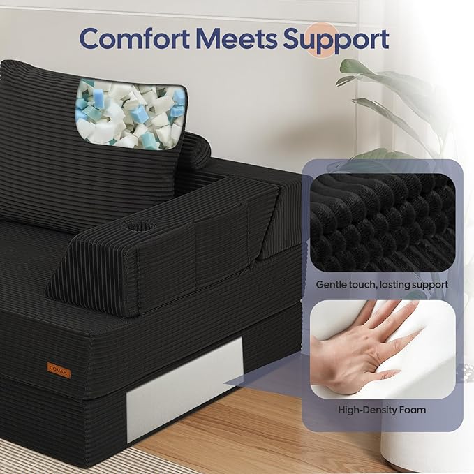 COMAX Folding Sofa Bed Foldable Couch for Bedroom Corduroy Convertible Floor Sleeper Futon Chair Foam 3 in 1 Fold Out Chair Portable Comfy Lounge Couch Single Sofa Bed for Small Space Guest Room