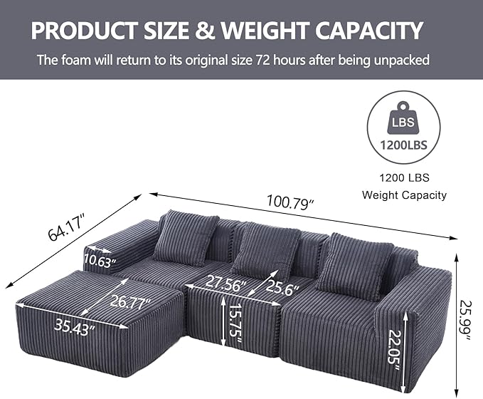 100.79 L-Shape Cloud Couch with Ottoman Upholstered Corduroy Modular Sectional Sofa Deep Seat Couch with Free Combination for Living Room &amp Bedroom No Assembly Required Dark Grey