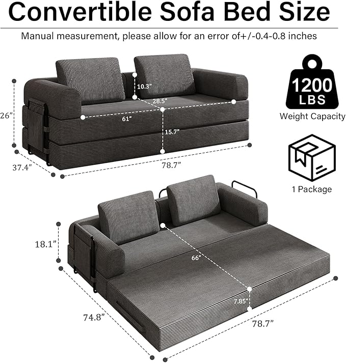 78'' Sleeper Couch Bed for Living Room Convertible Modular Sofa with Fixed Frame &amp Side Pocket Corduroy Futon Boneless Couches in a Box No Assembly Gray