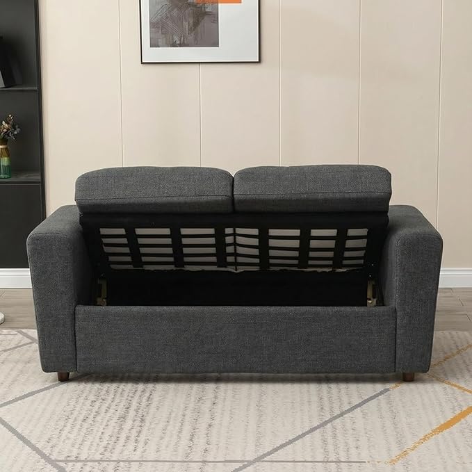 Panana Modern 3 Seater Couch Seette Linen Fabric Grey Sofa with Under Storage Compartment for Small Apartment 180 x 80 x 80cm (Dark Grey Sock Arm)