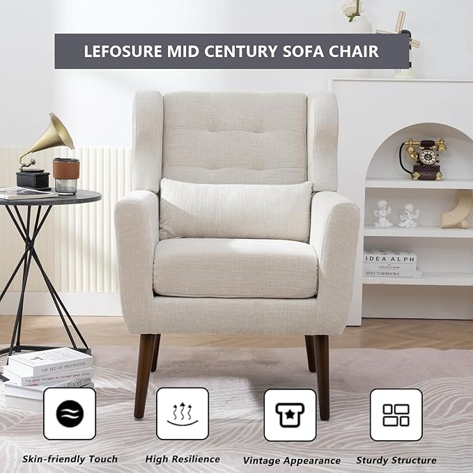 Accent Arm ChairsUpholstered Armchair for Living Room with PillowChenille Single Sofa Chairs with ArmsModern Comfy Reading Chair for BedroomSmall Spaces (Beige Set of 1)