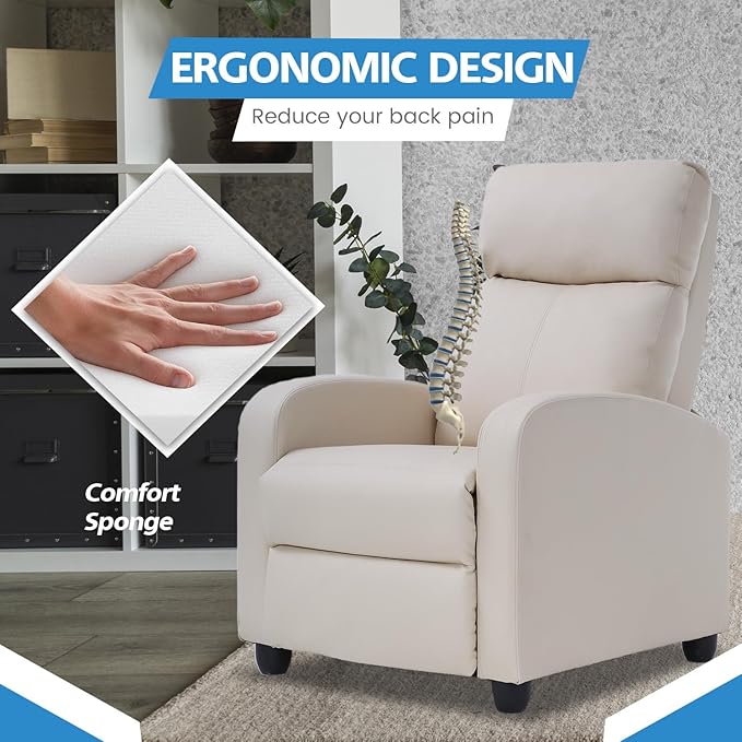 Recliner Chair for Adults Living Room Chairs Reading Chair with Fabric Padded Seat Backrest Modern Reclining Easy Lounge Bedroom Chair Recliner Chair for Bedroom (Beige)