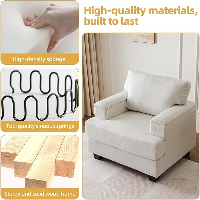 Oversized Accent Chair with Armrest OrganizerComfy Living Room Chairs with Thick CushionUpholstered Linen Fabric ArmchairBig Reading ChairSofa Chair for Bedroom