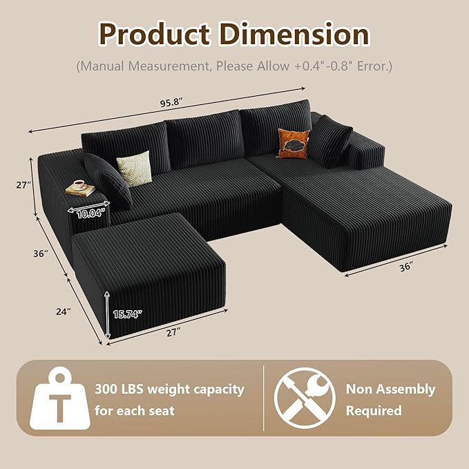 96 U-Shape Cloud Couch Modern Modular Sectional L-Shape Sofa with Ottoman Corduroy Upholstered Couches Deep Seat Sleeper Chaise Longue for Living Room No Assembly Required(Black Right Facing)