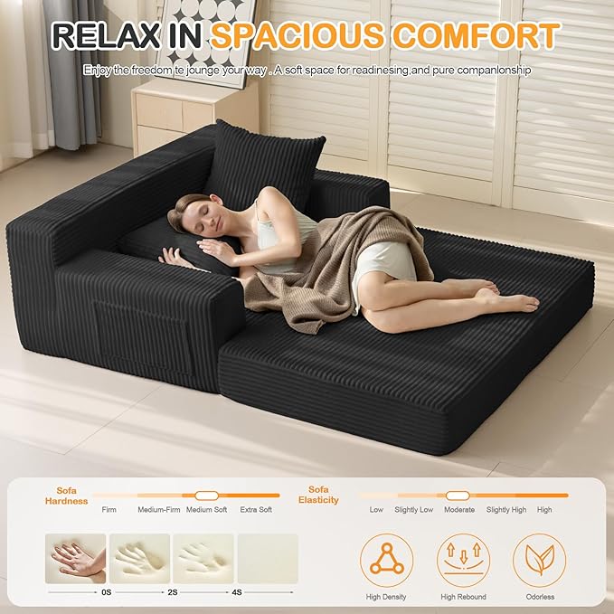 Loveseat Boneless Convertible Sofa Bed Folding Floor Futon Sleeper Sofa Couch Bed- Boneless Foldable Couch Corduroy Pull Out Sofa Bed with 2 Pillows for Living Room &amp Bedroom