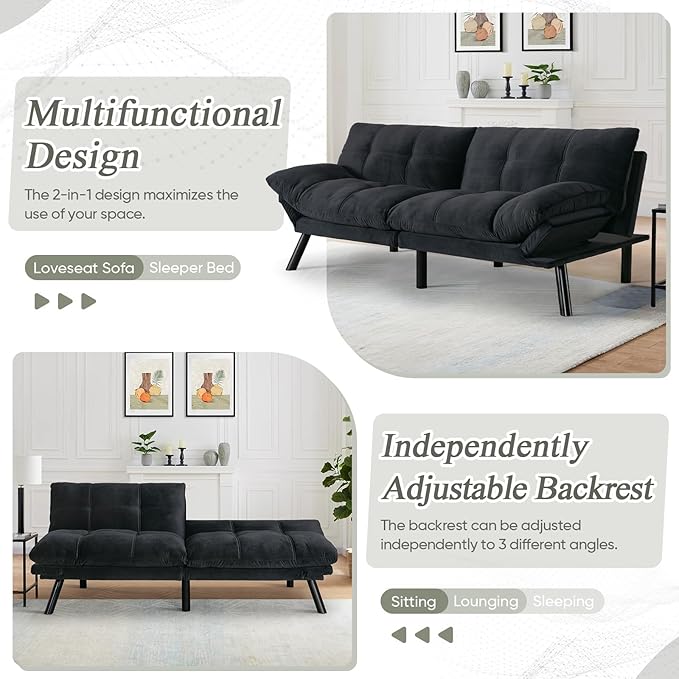 Convertible Velvet Futon Sofa Bed Comfy 72 L Sleeper Couch with Thicker Cushion Upholstered Modern Reclining Loveseat Folding Sofa for Small Living Room Dorm Apartment Office Deep Black