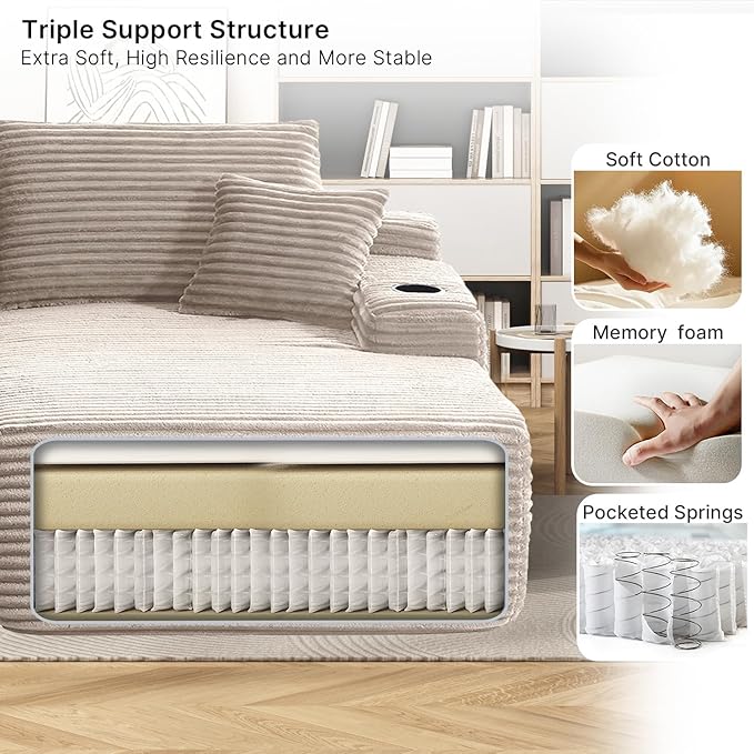 69 Oversized Boneless Sofa Bed Double Chaise Lounge Chair Indoor Plush Corduroy Sectional Couches for Living Room Comfy Cloud Couch No Assembly(Camel)