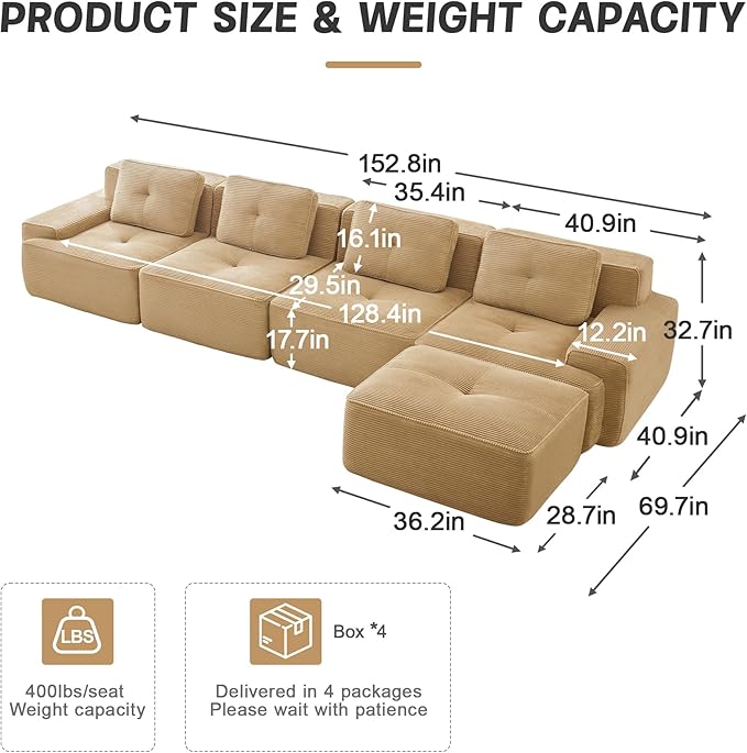 Modular Sectional Boneless Sofa 150” Corduroy L Shaped Sofa Couch with Movable Ottoman Modern 4-Seat Sofas Comfy Deep Seat Couches for Living Room Apartment No Assembly Camel