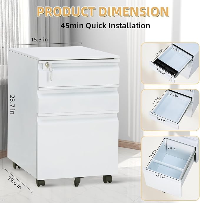 3 Drawer Metal Filing Cabinet with Lock White Mobile File Cabinets for Home Office Under Desk Rolling Storage for Legal Letter A4 Files (15.3 Wx19.6 Dx23.7 H)
