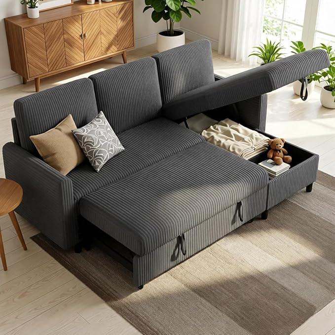 JAMFLY Pull Out Sleeper Sofa Bed with Storage Chaise L-Shaped Corduroy Sectional Couch 3-Seater Convertible Sofa with Hidden Storage for Small Living Room Apartment Office Grey