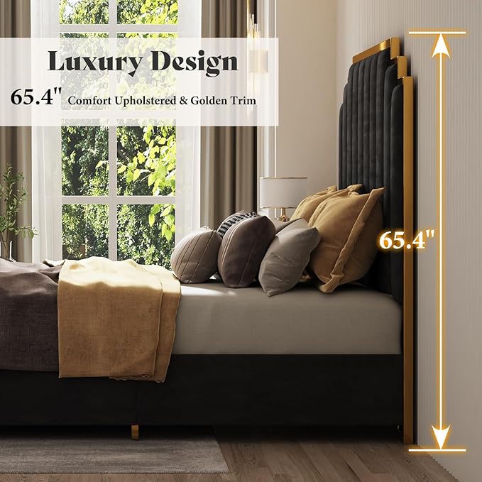 AMERLIFE King Size Upholstered Bed Modern Velvet Bed Frame with 65.4” Tall Gold Trim Headboard No Box Spring Needed Black