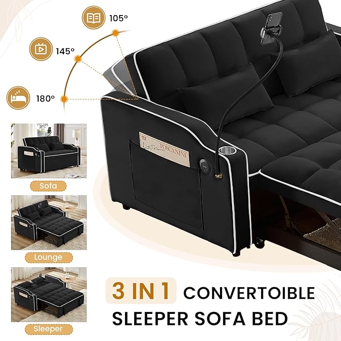 KINFFICT Sleeper Sofa Couch Bed with Phone Holder Modern 3-in-1 Convertible Velvet Pull Out Loveseat Futon Sofa with USB &amp Type C Port &amp Cup Holder for Living Room Bedroom Office