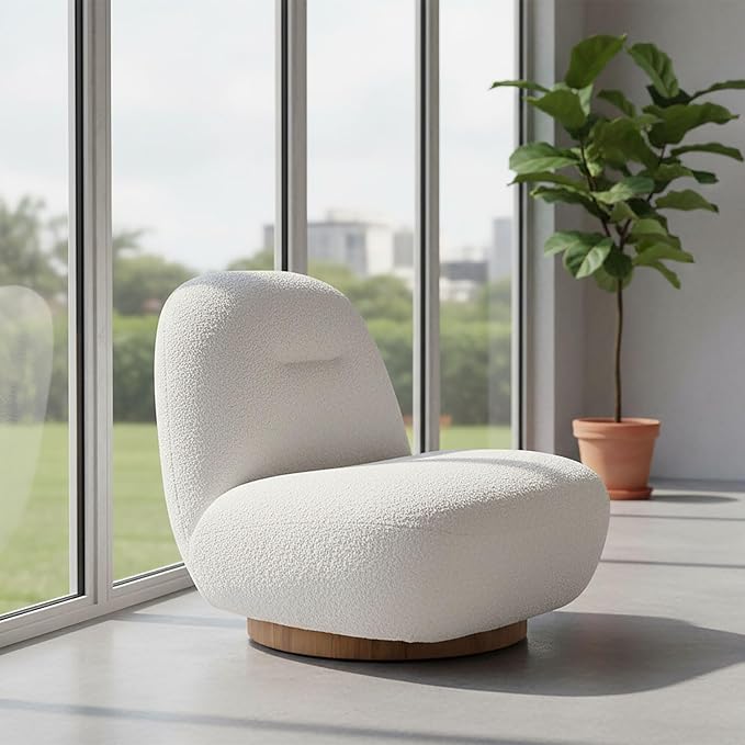31 Swivel Boucle Accent Chair Modern Minimalist 360° Rotation Comfy Upholstered Lounge Chair No-Assembly Barrel-Style Armchair for Living Room Bedroom Apartment or OfficeWhite