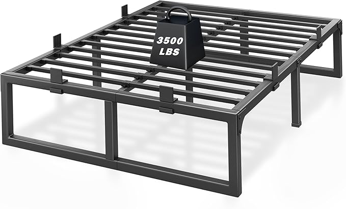 Queen Bed Frame 14 Inch Metal Platform Bed Frames with Squeak Free U-Slot Design 6 Non-Slip Guards 3500lbs Heavy Duty Steel Slat Support No Box Spring Needed Under Bed Storage Black