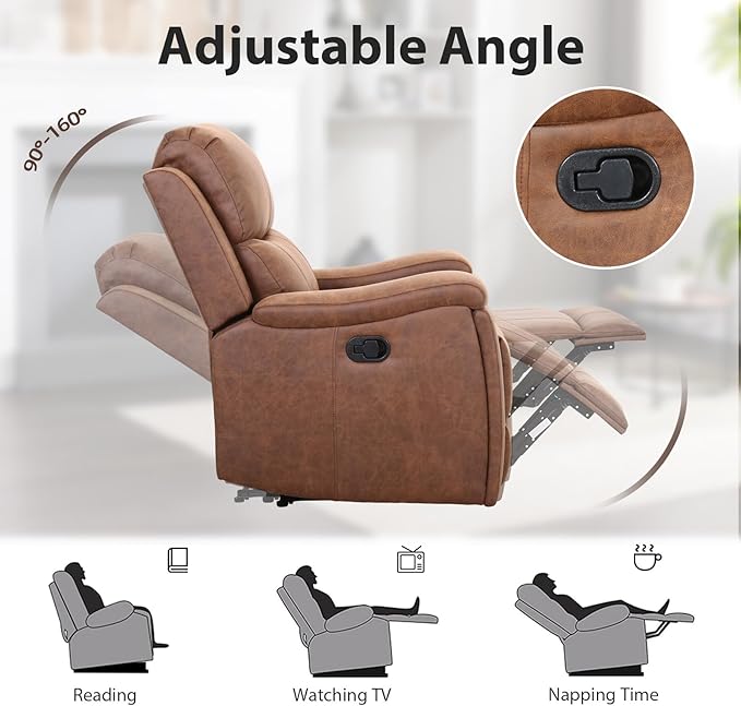 Brown Recliner Chair Single Overstuffed Sofa Recliners Breathable Faux Leather Manual Reclining Chairs with Hidden Cup Holder Arm and Back for Adults Living Room Bedroom Brown