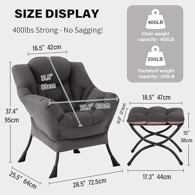 Tiita Lazy Chair with Ottoman Gray Modern Large Accent Chair Comfy Leisure Sofa Armchair with Ottoman Reading Chair with Footrest for Bedroom Living Room Dorm Rooms Garden Dark Grey