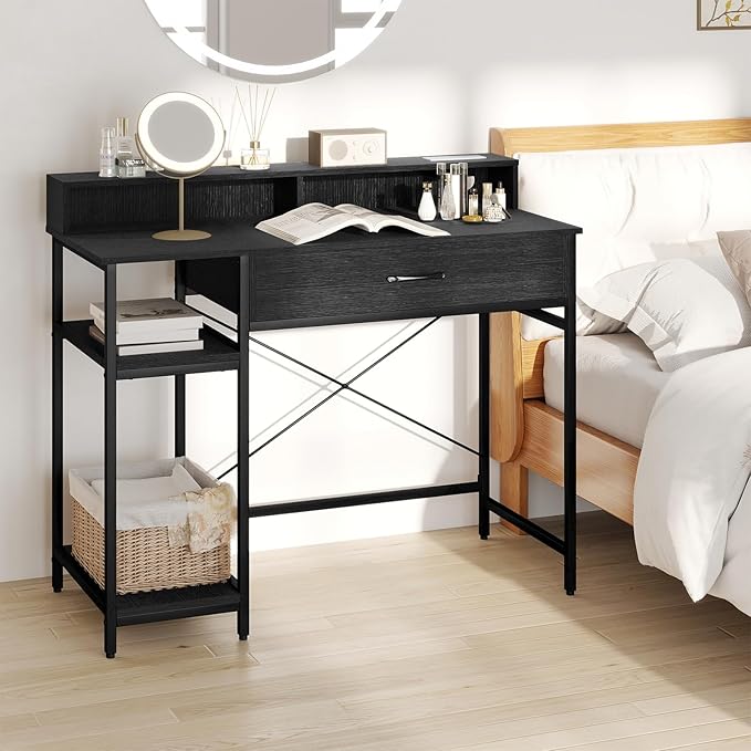 Giantex Computer Desk with Drawer 42 Small Computer Workstation w/Charging Station &amp Monitor Stand PC Laptop Desk w/Storage Shelves &amp Compartments Writing Desk for Small Space Home Office