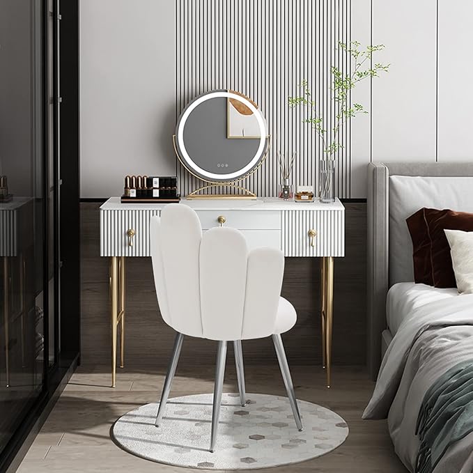Vanity Chair for Makeup Room - Midcentury Modern Accent Chair for Living Room Bedroom Velvet Chair with Back Support and Metal Legs (White)