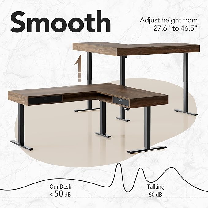 HUANUO Electric L Shaped Standing Desk 63″x55″ Height Adjustable Corner Computer Desk with 2 Under Desk Drawers &amp Open Storage Sapce Sit Stand Up Table with Power Strip Tray &amp Cable Grommets
