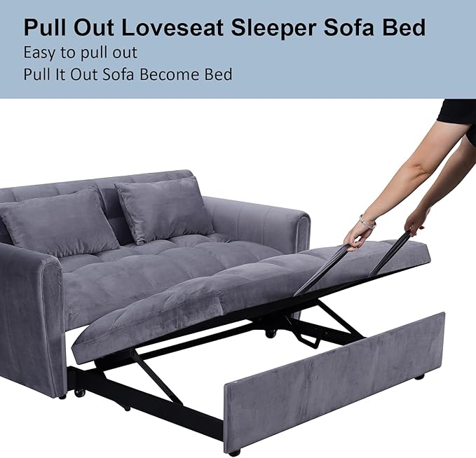 64.9 Velvet Convertible Sofa Bed 3-in-1 Sleeper Loveseat with Adjustable Backrest &amp Storage Pocket Modern Futon for Small Spaces Apartment Living Room Office (Grey)