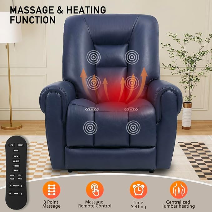 EONIX Four Motor Lay Flat Power Lift Recliner Chair for Elderly 400lbs Electirc Lift Chair for Living Room Independent Adjustable Lumbar Support &amp Headrest Extended Footrest Navy Blue