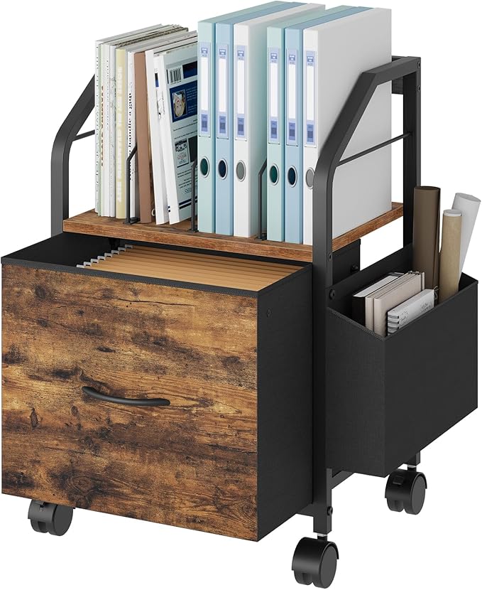 Small File Cabinet Rolling Filing Cabinet for Under Desk with Divider Single Non-Woven Fabric Drawer File Organizer for A4/Letter Size Documents Under Desk Storage Rustic Brown FCHR3001