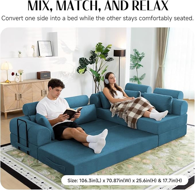 106 L-Shaped Modular Boneless Couch 2-Piece System (2×70.87) Convertible Sectional to 141.7 Straight Sofa Corduroy Couch in a Box Headrest &amp Back Pillows for Living Room Ocean Blue