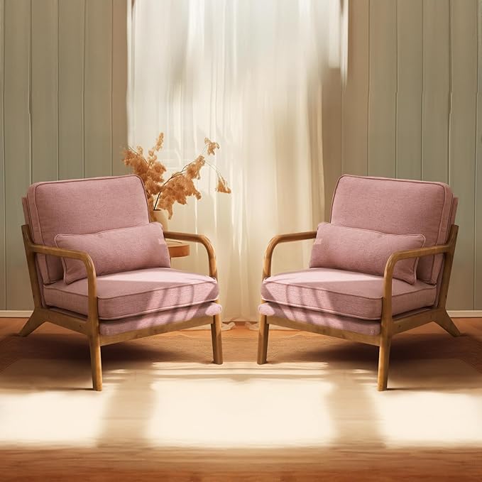 Bonnlo Pink Accent Chairs Set of 2 Upholstered Mid Century Modern Lounge Chairs Reading Chairs Side Sitting Chair Solid Wood Farmhouse Armchairs for Living Room Bedroom Guest Room