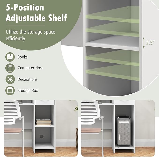 Tangkula White Desk with Storage Drawer &amp Shelves Modern Computer Desk with Adjustable Shelf &amp Cable Hole Compact Writing Study Desk Wooden Computer Workstation for Home Office White