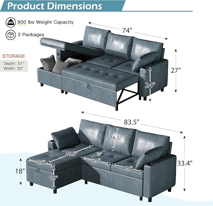 Esright Sleeper Sofa Bed 3-in-1 Pull Out Couch with Reversible Chaise Leather Sleeper Sofa with Storage USB Cup Holder Pullout Sectional Couches for Apartment Living Room Blue