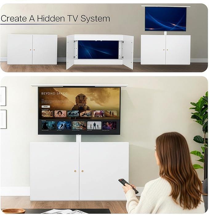 VIVO White TV Cabinet with Motorized Vertical Lift Television Stand Holds 32 to 55 inch TVs up to 44 lbs CASE-KIT-EUP1W