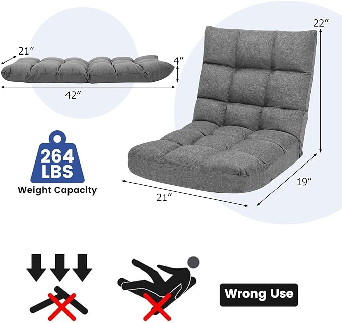 ERGOMASTER Floor Gaming Chair with Back Support 14 Adjustable Positions Folding Recliner Alloy Steel Frame High Resilience Sponge &amp Linen Fabric Couch Recliner for Playing Reading for Adults Kids