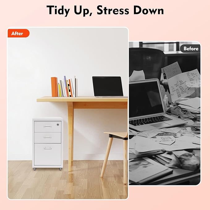 3-Drawer Metal File Cabinet Mobile File Cabinet with Lock Rolling Vertical Filing Drawers Under Desk for Home Office 11 * 16 * 18.3in (White)