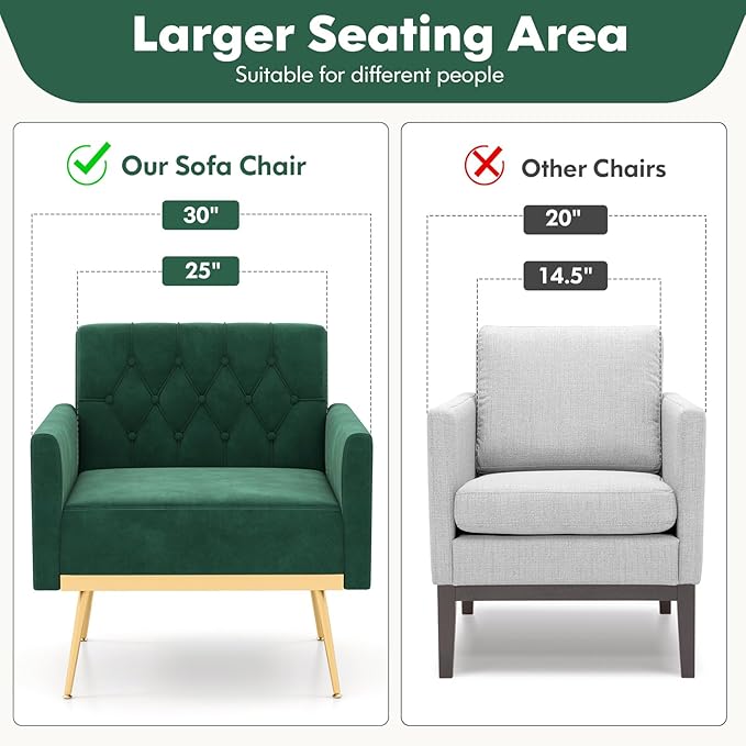 KOMFOTT Velvet Accent Chairs Set of 2 Modern Tufted Arm Chair with Golden Metal Legs &amp Adjustable Foot Pads Upholstered Sofa Chair Reading Chair for Bedroom Comfy Living Room Chairs Green