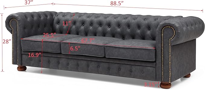 Harper &amp Bright Designs Faux Leather Upholstered 3-Seater Living Room Sofa with Button and Copper Nail on Arms Classic Chesterfield Sofa Dark Grey