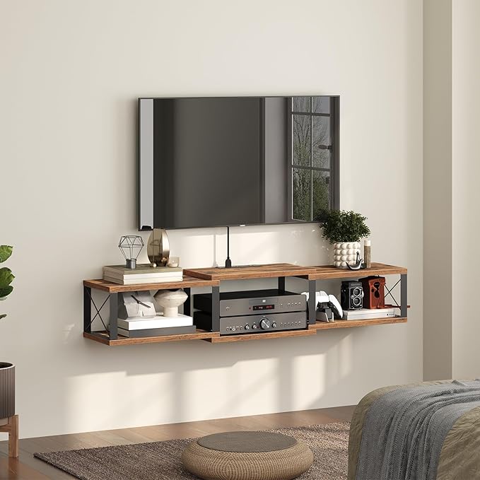 43.7” Floating TV Stand with Power Outlet Wall-Mounted Entertainment Center Floating Metal Frame Media Console Shelf for Under TV Storage for Living Room Bedroom Rustic Brown TVHR101E01