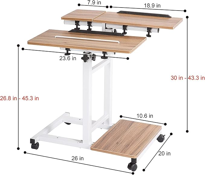 SDADI 3-in-1 Overbed Table with Monitor Mount &amp PC Shelf Mobile Workstation for Sofa Bed and Home Office Use Adjustable Height Rolling Computer Table for Laptop and Gaming Setup