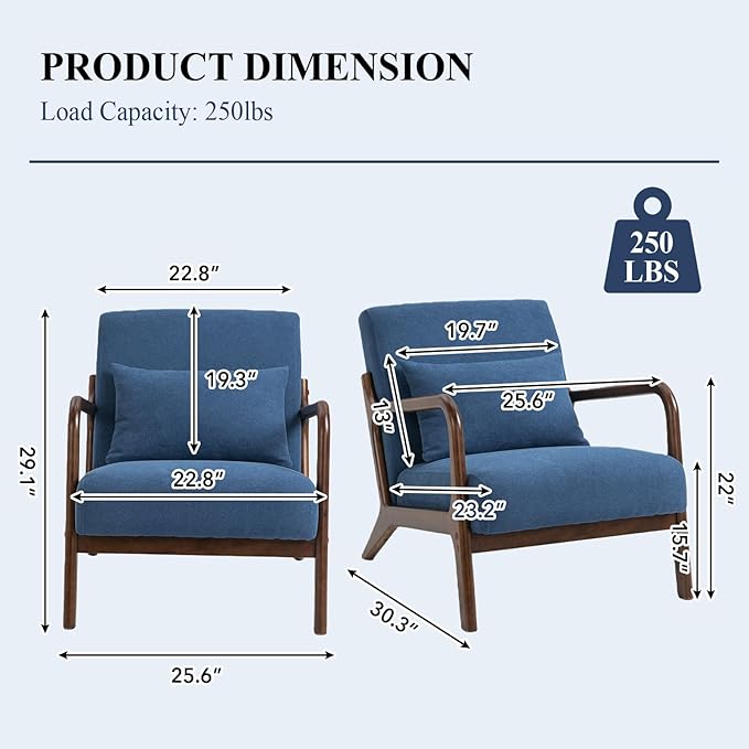 Minimalist Accent Chair Velvet Upholstered Mid-Century Modern Chair with Pillow Lounge Arm Chair with High Backrest Comfy Reading Chair for Living Room Balcony (Blue)