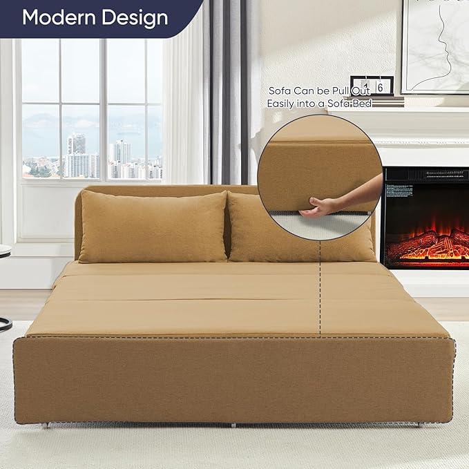 ijuicy 3 in 1 Queen Size Pull Out Sofa Bed Linen Sleeper Sofa with Pullout Bed Convertible Loveseat Couch Beds with Pillows and Tri-fold Mattress for Small Space Apartment Mustard Yellow